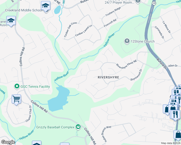map of restaurants, bars, coffee shops, grocery stores, and more near 1305 Oakshyre Place in Lawrenceville