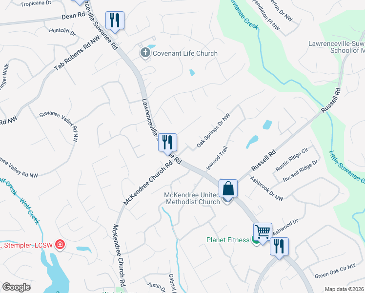 map of restaurants, bars, coffee shops, grocery stores, and more near 1706 Oak Woods Court in Lawrenceville