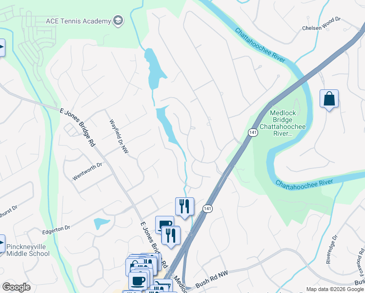 map of restaurants, bars, coffee shops, grocery stores, and more near 4940 Riverlake Drive in Duluth