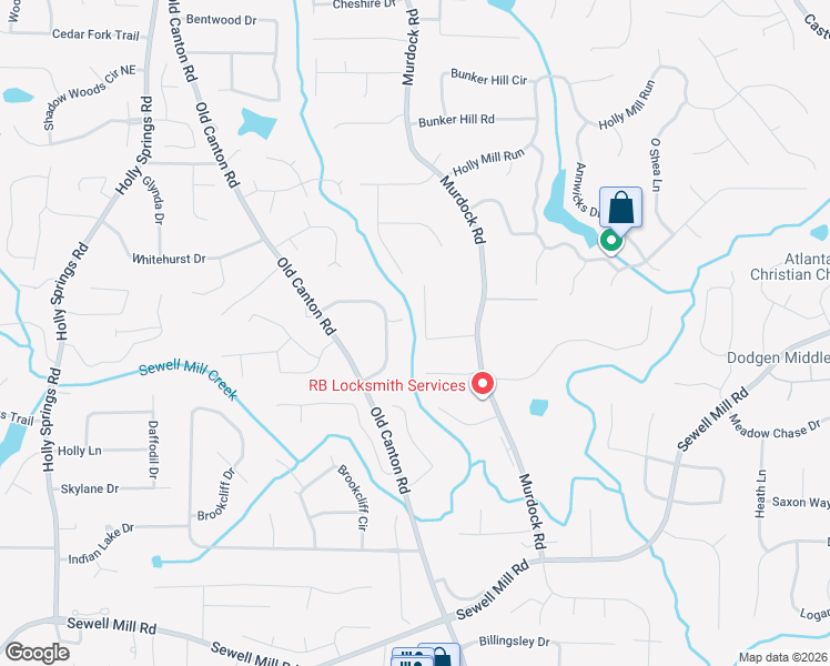 map of restaurants, bars, coffee shops, grocery stores, and more near 1749 Windsorbrooke Drive in Marietta