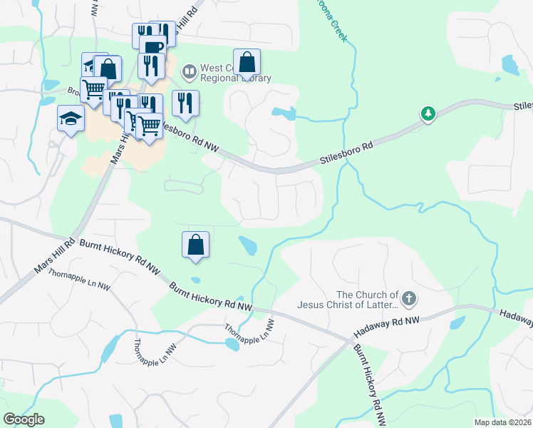 map of restaurants, bars, coffee shops, grocery stores, and more near 1783 Rose Hedge Way Northwest in Kennesaw