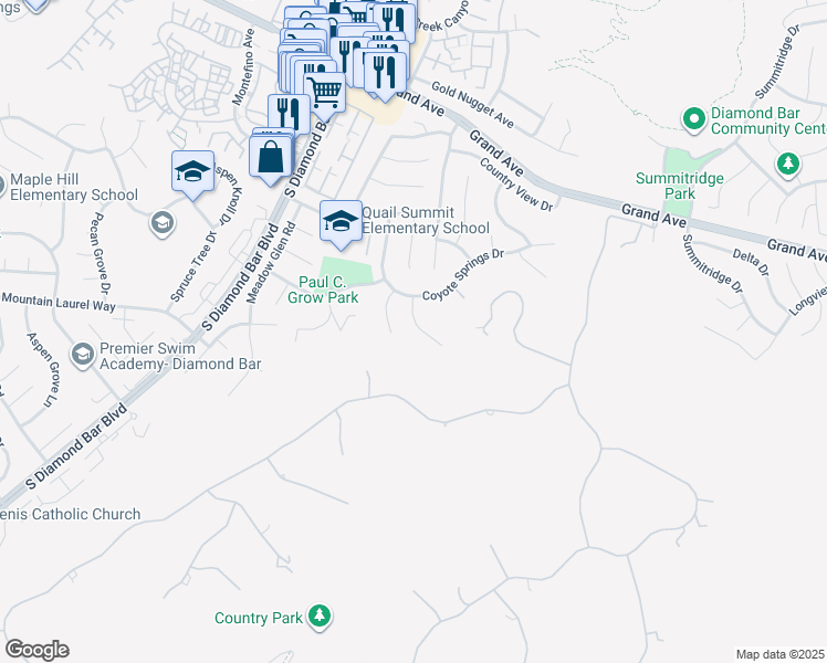 map of restaurants, bars, coffee shops, grocery stores, and more near 1637 Bronze Knoll Road in Diamond Bar