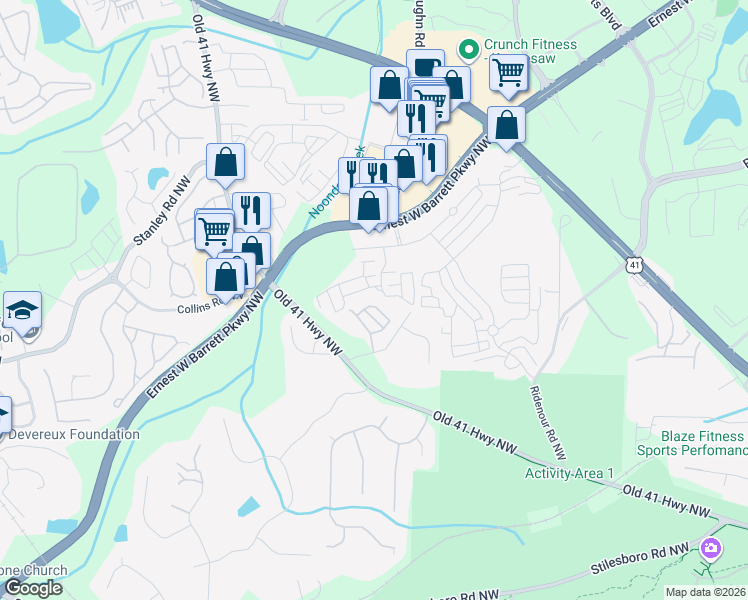 map of restaurants, bars, coffee shops, grocery stores, and more near 1658 Perserverence Hill Circle in Kennesaw
