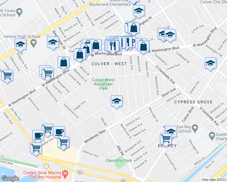 map of restaurants, bars, coffee shops, grocery stores, and more near 4260 McConnell Boulevard in Los Angeles