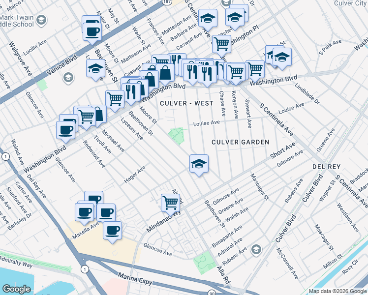 map of restaurants, bars, coffee shops, grocery stores, and more near 4236 Moore Street in Los Angeles