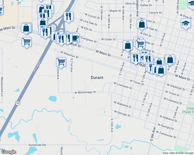 map of restaurants, bars, coffee shops, grocery stores, and more near in Durant