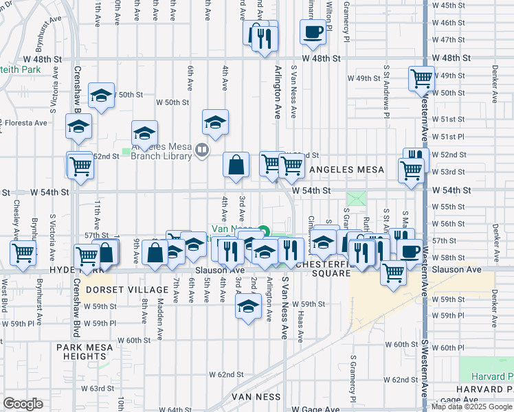 map of restaurants, bars, coffee shops, grocery stores, and more near 5425 2nd Avenue in Los Angeles