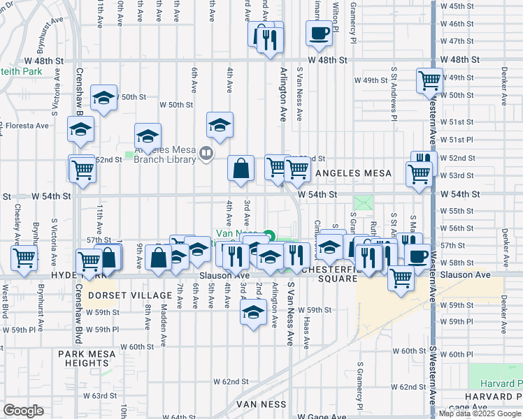 map of restaurants, bars, coffee shops, grocery stores, and more near 5425 2nd Avenue in Los Angeles