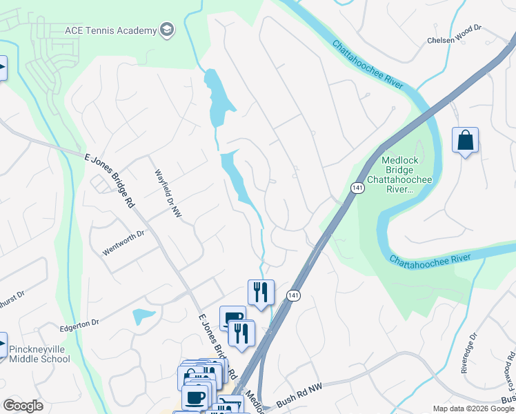 map of restaurants, bars, coffee shops, grocery stores, and more near 4940 Riverlake Dr in Duluth