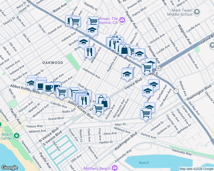 map of restaurants, bars, coffee shops, grocery stores, and more near 746 Marco Place in Los Angeles
