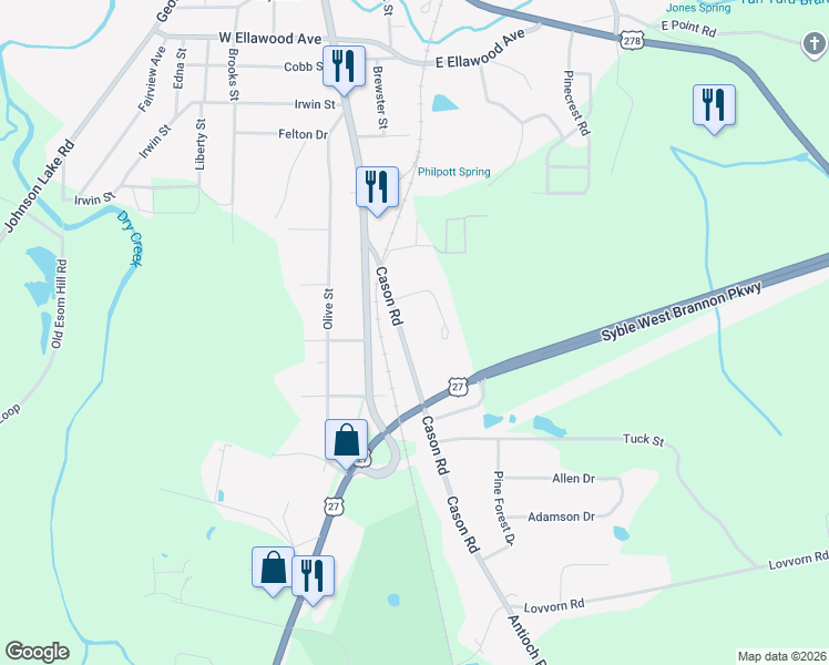 map of restaurants, bars, coffee shops, grocery stores, and more near 149 Cason Road in Cedartown