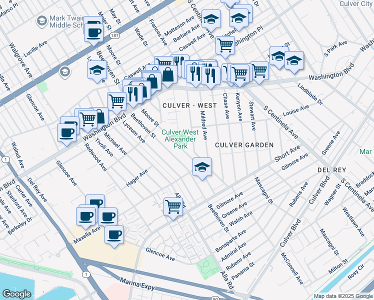 map of restaurants, bars, coffee shops, grocery stores, and more near 4236 Moore Street in Los Angeles