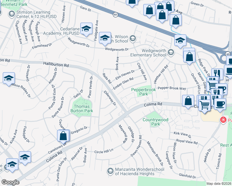 map of restaurants, bars, coffee shops, grocery stores, and more near 16407 Old Forest Road in Hacienda Heights