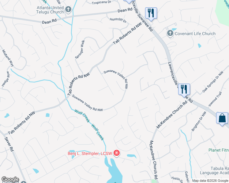 map of restaurants, bars, coffee shops, grocery stores, and more near 1867 Suwanee Roberts Court Northwest in Lawrenceville