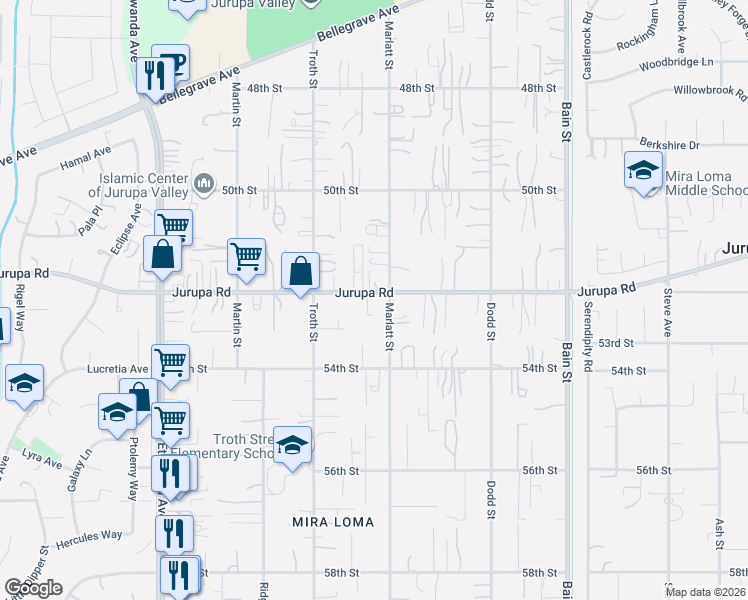 map of restaurants, bars, coffee shops, grocery stores, and more near 10520 Jurupa Road in Jurupa Valley