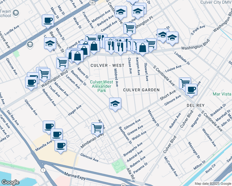 map of restaurants, bars, coffee shops, grocery stores, and more near 4240 McConnell Boulevard in Los Angeles