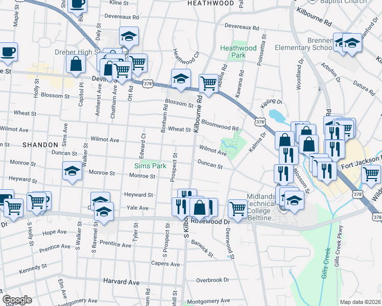 map of restaurants, bars, coffee shops, grocery stores, and more near 3729 S-40-157 in Columbia