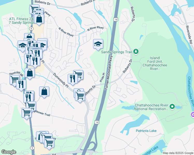 map of restaurants, bars, coffee shops, grocery stores, and more near 1003 Masons Creek Circle in Atlanta