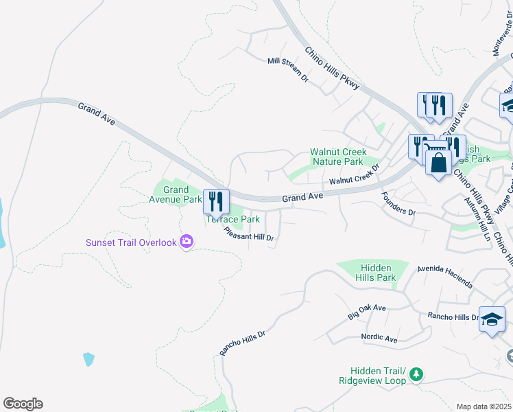 map of restaurants, bars, coffee shops, grocery stores, and more near 1596 Morning Terrace Drive in Chino Hills