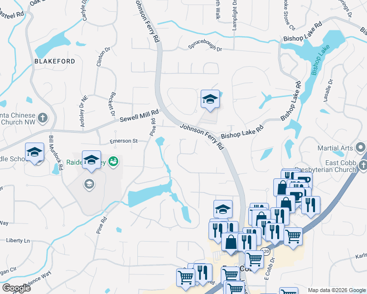 map of restaurants, bars, coffee shops, grocery stores, and more near 1808 Hunters Glen Northeast in Marietta