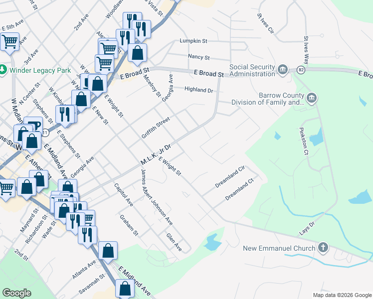 map of restaurants, bars, coffee shops, grocery stores, and more near 321 Mary Alice Drive in Winder