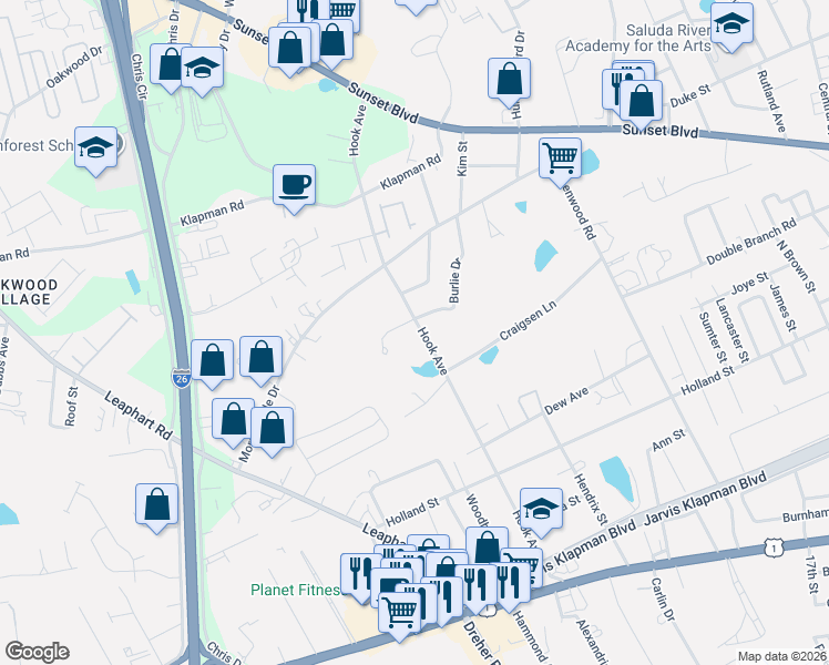 map of restaurants, bars, coffee shops, grocery stores, and more near 621 Hook Avenue in West Columbia