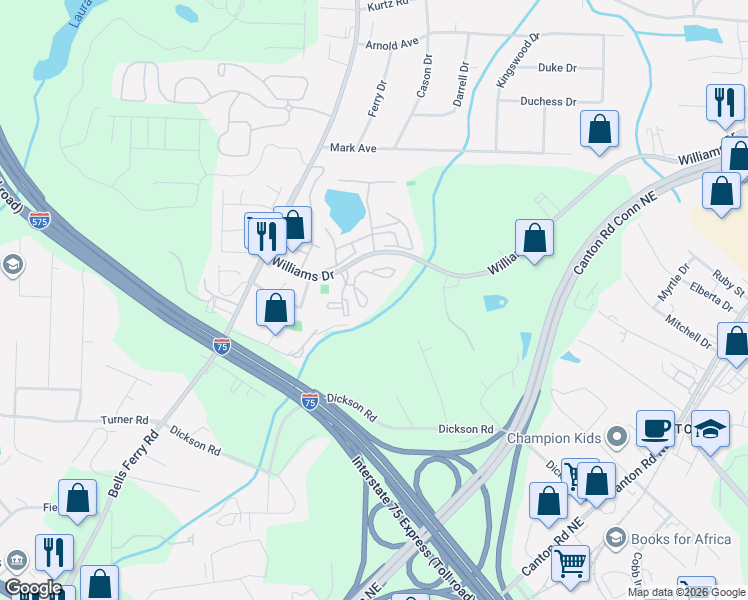 map of restaurants, bars, coffee shops, grocery stores, and more near 500 Williams Drive in Marietta