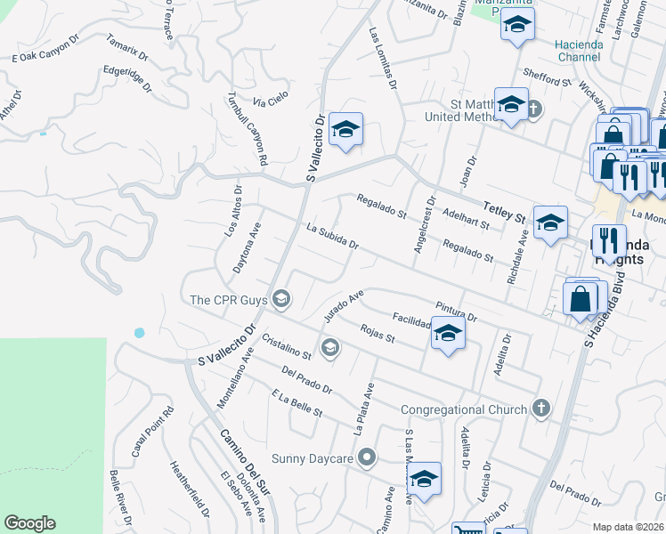 map of restaurants, bars, coffee shops, grocery stores, and more near 15363 Pintura Drive in Hacienda Heights