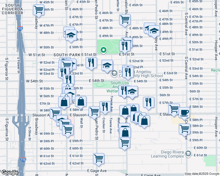 map of restaurants, bars, coffee shops, grocery stores, and more near 301-399 E 55th St in Los Angeles