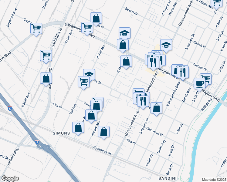 map of restaurants, bars, coffee shops, grocery stores, and more near 1425 Date Street in Montebello