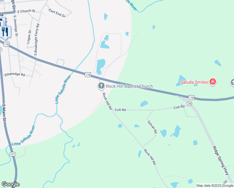 map of restaurants, bars, coffee shops, grocery stores, and more near 502 Batesburg Highway in Saluda