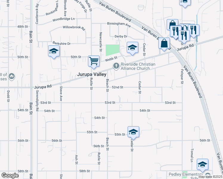 map of restaurants, bars, coffee shops, grocery stores, and more near 9672 52nd Street in Riverside
