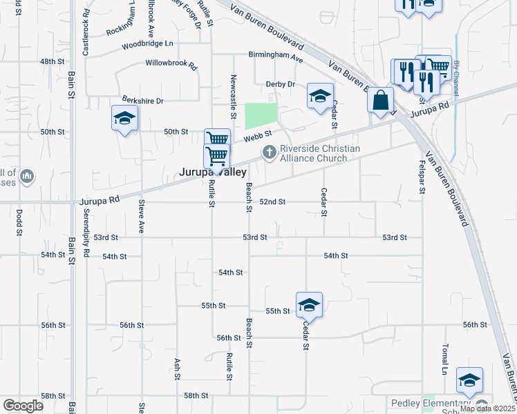 map of restaurants, bars, coffee shops, grocery stores, and more near 9672 52nd Street in Riverside