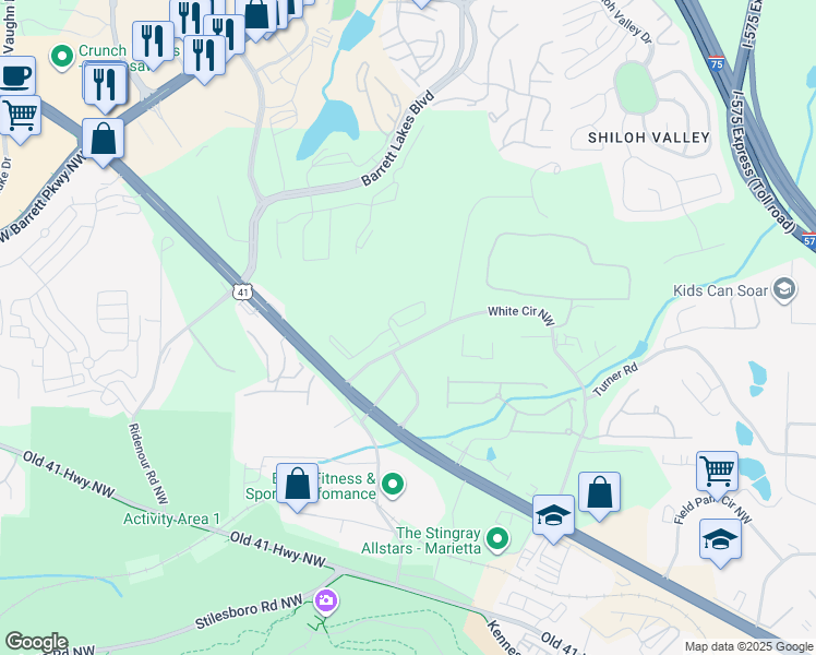 map of restaurants, bars, coffee shops, grocery stores, and more near 1631 White Circle Northwest in Marietta