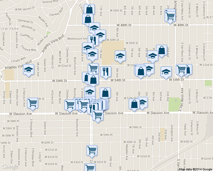 map of restaurants, bars, coffee shops, grocery stores, and more near 5419 10th Avenue in Los Angeles