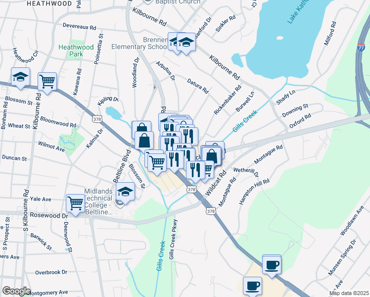 map of restaurants, bars, coffee shops, grocery stores, and more near 702 Cross Hill Road in Columbia