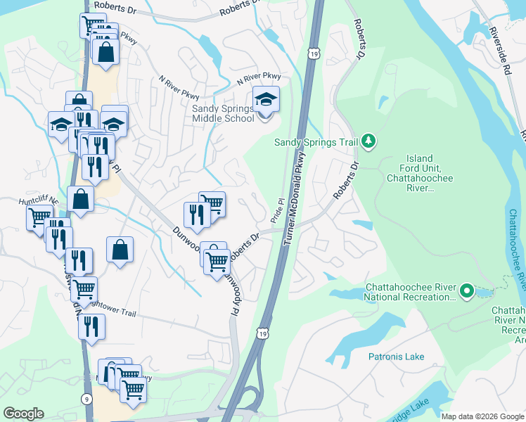 map of restaurants, bars, coffee shops, grocery stores, and more near 1003 Masons Creek Circle in Atlanta