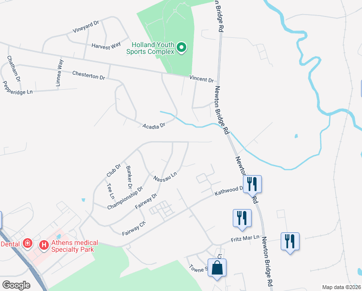 map of restaurants, bars, coffee shops, grocery stores, and more near 690 Club Drive in Athens