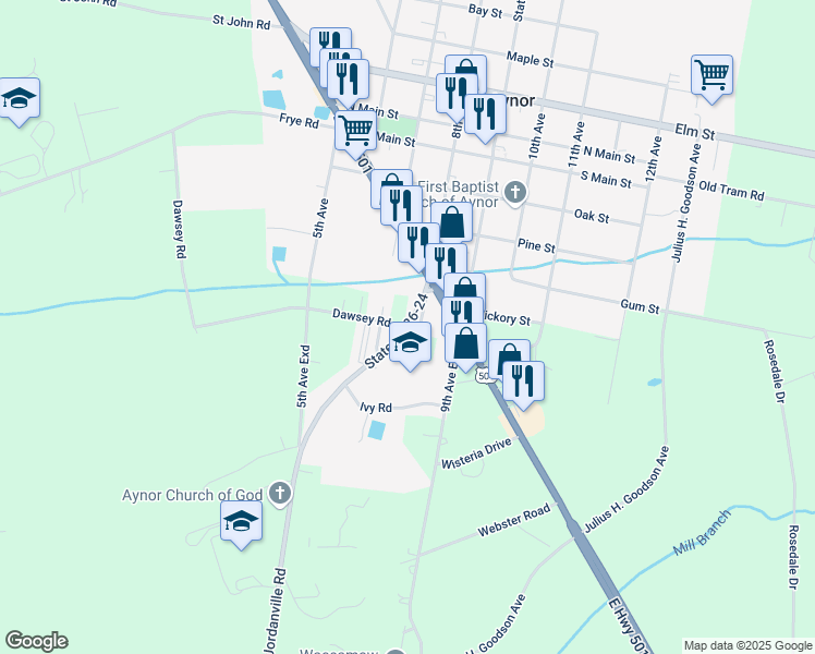 map of restaurants, bars, coffee shops, grocery stores, and more near 201 Jordanville Road in Aynor