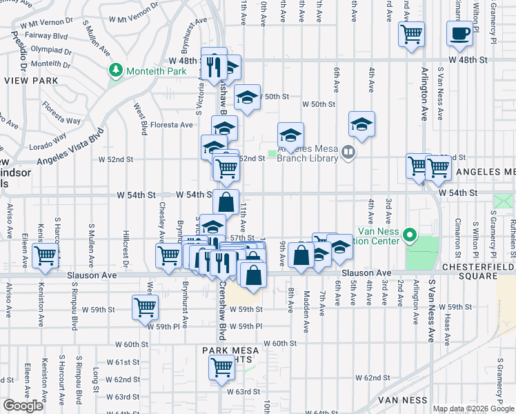 map of restaurants, bars, coffee shops, grocery stores, and more near 5419 10th Avenue in Los Angeles