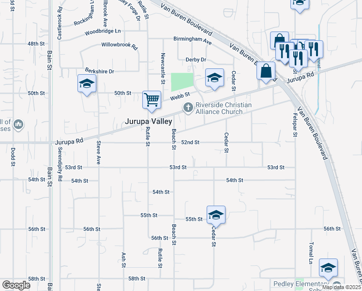 map of restaurants, bars, coffee shops, grocery stores, and more near 9672 52nd Street in Riverside