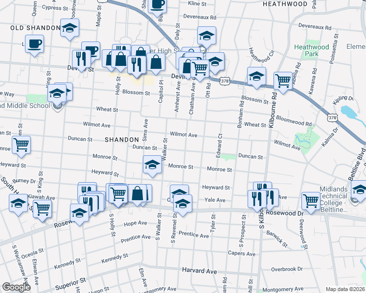 map of restaurants, bars, coffee shops, grocery stores, and more near 3231 Duncan Street in Columbia