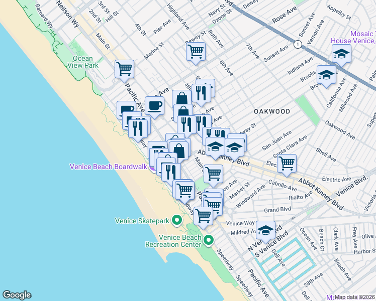 map of restaurants, bars, coffee shops, grocery stores, and more near 800 Main Street in Los Angeles