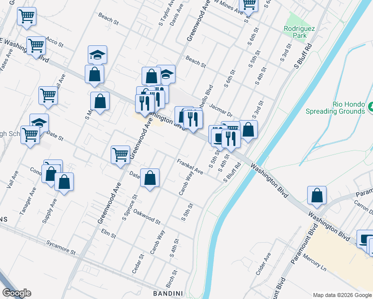 map of restaurants, bars, coffee shops, grocery stores, and more near 1010 South Montebello Boulevard in Montebello