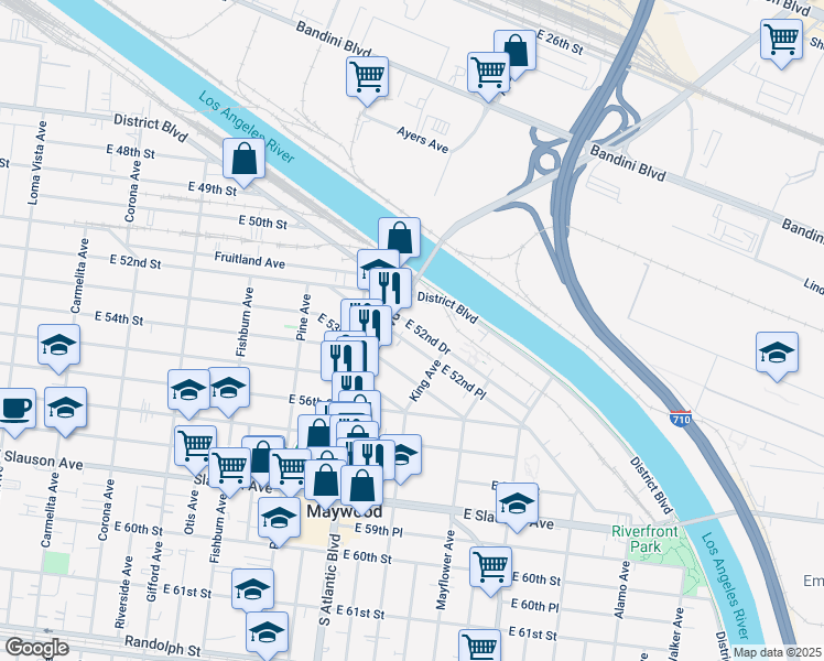 map of restaurants, bars, coffee shops, grocery stores, and more near 5119 District Boulevard in Vernon