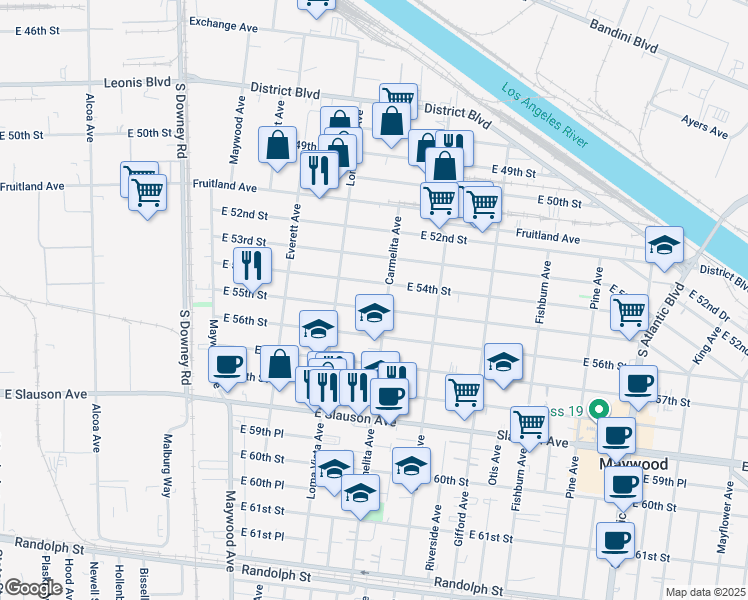 map of restaurants, bars, coffee shops, grocery stores, and more near 3726 East 54th Street in Maywood