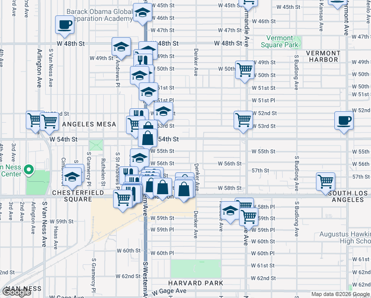 map of restaurants, bars, coffee shops, grocery stores, and more near 5401 Denker Avenue in Los Angeles
