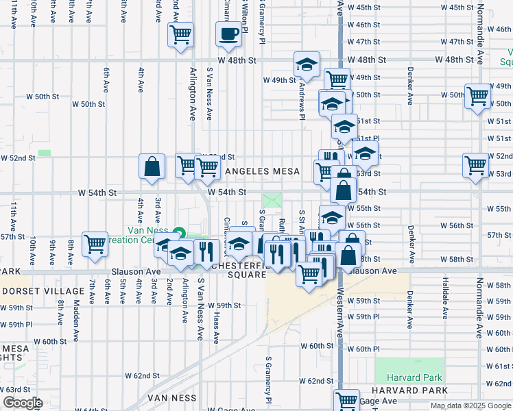 map of restaurants, bars, coffee shops, grocery stores, and more near 2000 West 54th Street in Los Angeles