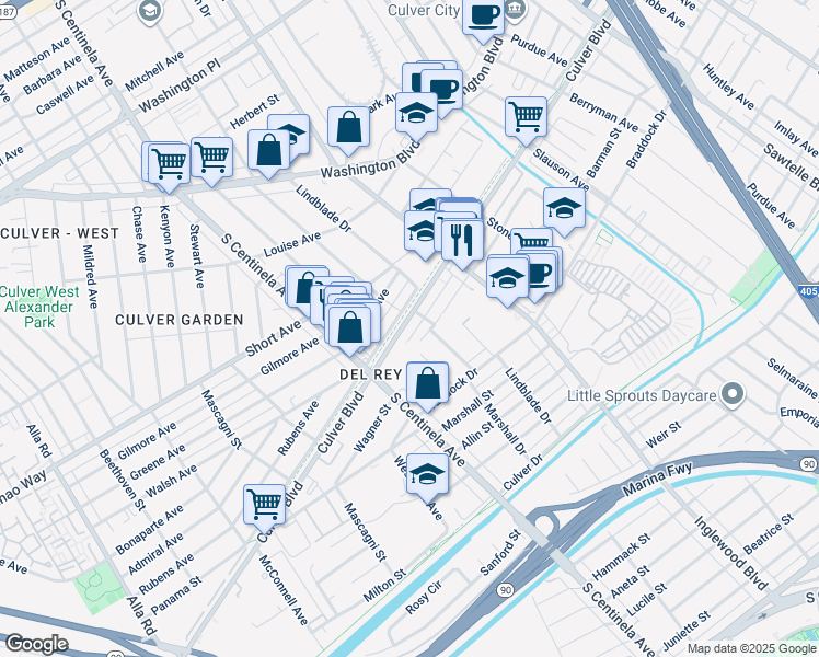 map of restaurants, bars, coffee shops, grocery stores, and more near 12072 Culver Boulevard in Los Angeles