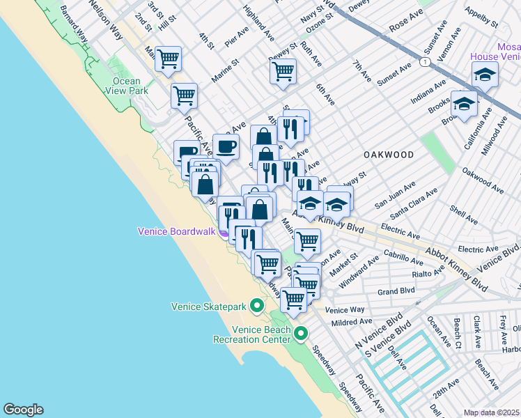 map of restaurants, bars, coffee shops, grocery stores, and more near 108 Thornton Place in Los Angeles